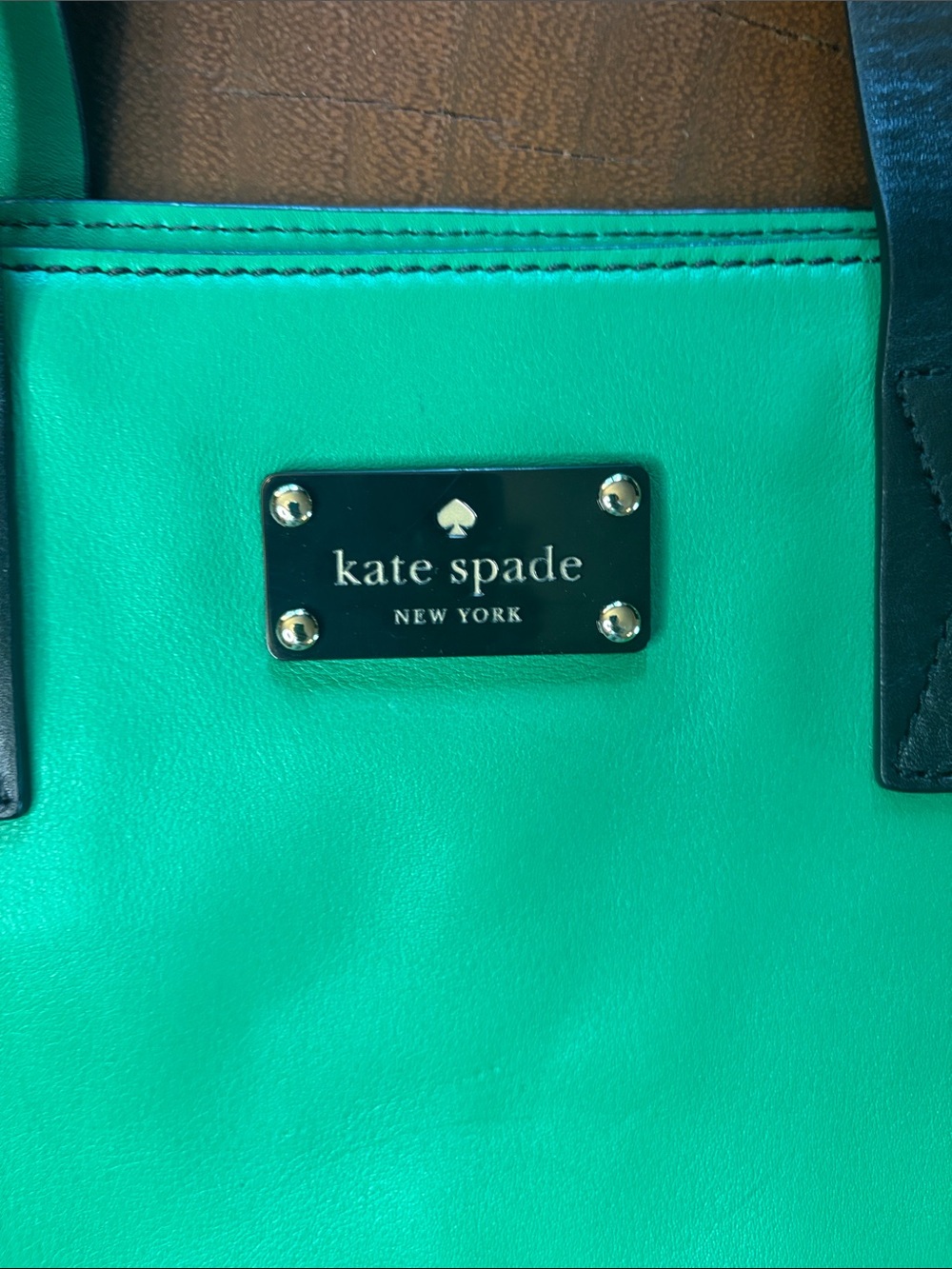 Kate Spade Green Leather Tote Bag Black Straps Structured Handbag - Picture 2 of 7